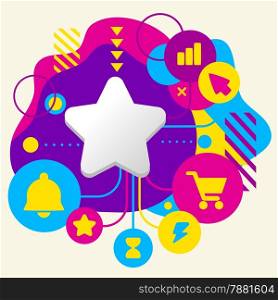 Star on abstract colorful spotted background with different icons and elements. Flat design for the web, interface, print, banner, advertising.
