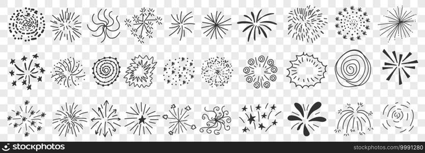 Star patterns and lines drawings doodle set. Collection of hand drawn decorative elegant patterns of stars lines splashes flash in round circle shapes isolated on transparent background. Star patterns and lines drawings doodle set