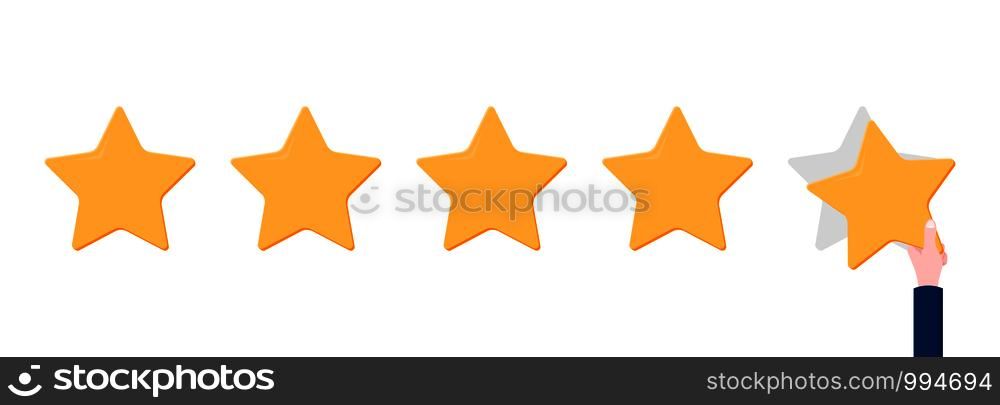 Star rating. Businessman holding a gold star in hand, to give five.