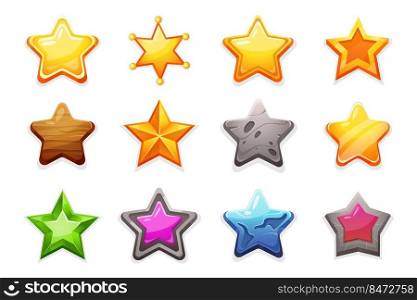 star rating. Cartoon trophy and achievement game interface elements. Vector star icon set ranking levels game. star rating. Cartoon trophy and achievement game interface elements. Vector star icon set