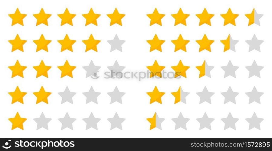 Star rating. Five icon for review and rate. 5 whole stars and 5 half of stars for evaluation. Ranking of quality, hotel. Service for customer. Gold symbols in row for vote on white background. Vector.. Star rating. Five icon for review and rate. 5 whole stars and 5 half of stars for evaluation. Ranking of quality, hotel. Service for customer. Gold symbols in row for vote on white background. Vector