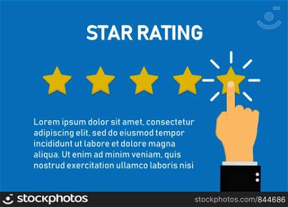 Star rating hand finger on star. Feedback illustration. Positive symbol. EPS 10. Star rating hand finger on star. Feedback illustration. Positive symbol.