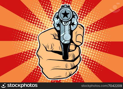 star revolver in hand. Pop art retro vector illustration. star revolver in hand