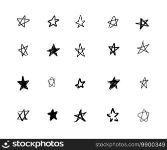 Star set of hand drawn paint object for design use. Black and white background. Abstract brush drawing. illustration grunge stars - Vector