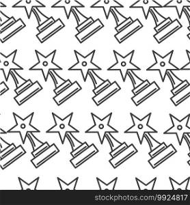 Star-shaped award on pedestal seamless pattern. Colorless reward for winner of contest, competition victory. Winning challenge, medal from film academy for best movies. Line vector in flat art. Award on pedestal, star for winner of contest