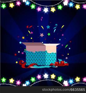 Star-shaped garlands with opened present and red ribbon around it represented on vector illustration isolated on striped blue background. Star-shaped Garlands, Present Vector Illustration