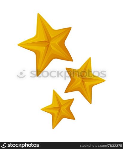 Star shaped objects, shiny signs isolated icon. Rating design, success and achievements, sparkling rating, gold award prize, review badges. Vector illustration in flat cartoon style. Star Shaped Objects, Shiny Signs Isolated Icon