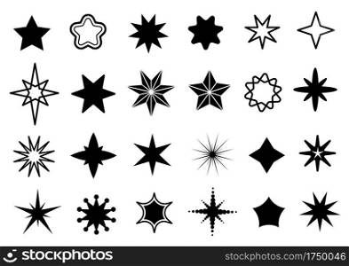 Star shapes set. Different stars black silhouettes, christmas sparkle geometric symbols and sheriff star isolated vector collection. Illustration star spark, magic decoration christmas. Star shapes set. Different stars black silhouettes, christmas sparkle geometric symbols and sheriff star isolated vector collection