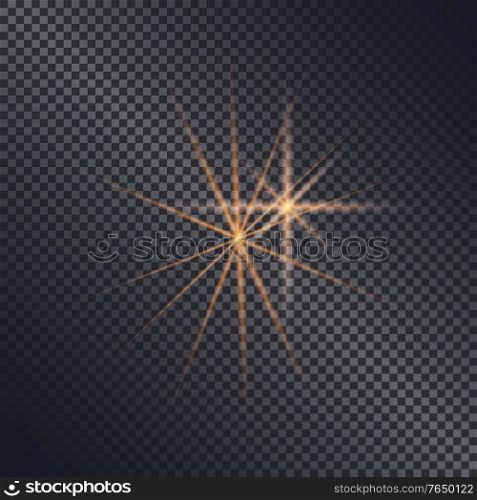Star shining effect of decorative element isolated on transparent background. Festive decor for design of card. Magical light, sparkle and glittering ray. Twinkling beam, vector in flat style. Abstract Sparkling Light Shining Burst Effect