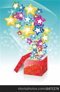 Star shining fancy gift. Opening magic box. Vector card template. . magic box