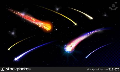 Star shooting, comets in starry sky or deep space falling with fire trail. Meteorites on galaxy background with transparency. Fireball meteors explosions in cosmos, Realistic 3d vector illustration. Star shooting, comets in starry sky or deep space