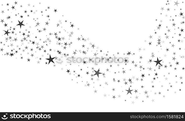 Star silver confetti. Christmas glitter stars. New Year invitation template. Shimmer festive decoration effect, sparkle curved strip mockup. Vector chaotic glow decor holiday on white background. Star silver confetti. Christmas glitter stars. New Year invitation template. Shimmer decoration effect, sparkle curved strip mockup. Vector chaotic decor holiday on white background