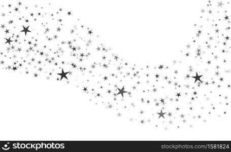 Star silver confetti. Christmas glitter stars. New Year invitation template. Shimmer festive decoration effect, sparkle curved strip mockup. Vector chaotic glow decor holiday on white background. Star silver confetti. Christmas glitter stars. New Year invitation template. Shimmer decoration effect, sparkle curved strip mockup. Vector chaotic decor holiday on white background