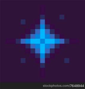 Star space pixel game, solar system sign in dark night sky. Vector 8 or 16 bit retro video game, cosmic body or starship in universe, pixel-art play. Star Space Pixel Game, Solar System Sign at Night