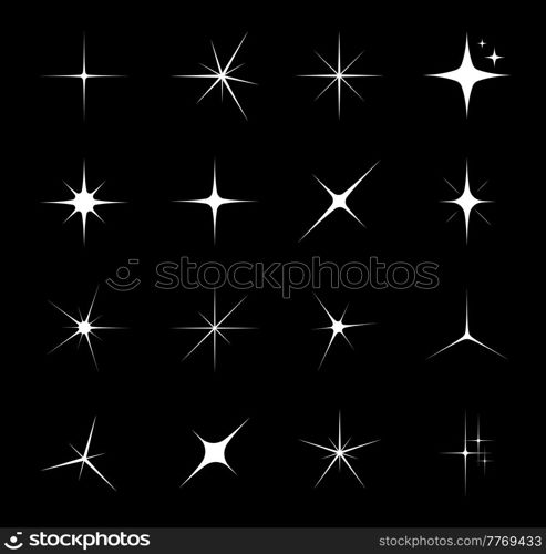 Star sparkle and twinkle, star burst and flash. Isolated vector glitter, bright light, magic shine, spark, flare or glow of white stars on black background, starburst or explosion glare effects. Star sparkle and twinkle, starburst and flash