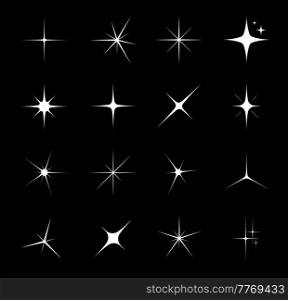 Star sparkle and twinkle, star burst and flash. Isolated vector glitter, bright light, magic shine, spark, flare or glow of white stars on black background, starburst or explosion glare effects. Star sparkle and twinkle, starburst and flash