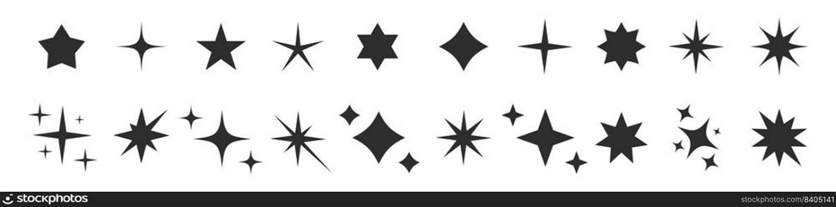 Star sparkle icon set. Bright, shine, light magic decoration elements isolated. Twinkle collection with black stars with ray. Star shape icon. Christmas vector symbol. Vector Illustration.. Star sparkle icon set. Bright, shine, light magic decoration elements isolated.