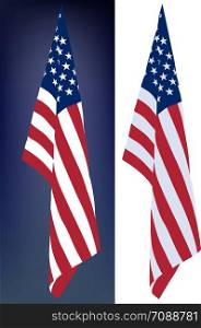 star-striped USA flag hanging down on a white and dark background