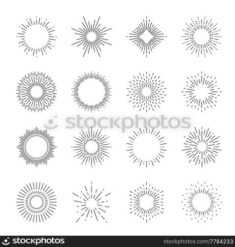 Starburst and sunburst vector vintage light rays of sun or star, fireworks or sparks. Isolated radial sunshine and bursting star sparkles, starburst and sunburst in circle and diamond shapes. Starburst and sunburst vector, vintage light rays