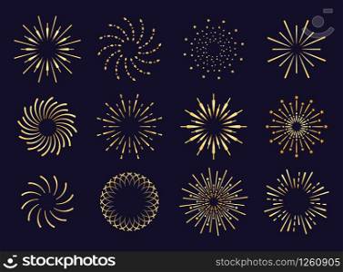 Starburst, firework shadow golden icon vector. Radiating from the center of straight and spiral beams, lines. Set of simple elements for logo, signs. Firework, pyrotechnics illustration.. Starburst, firework shadow golden icon vector. Radiating from the center of straight and spiral beams, lines. Set of simple elements for logo, signs. Firework, pyrotechnics