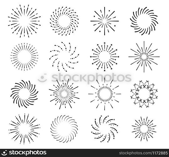 Starburst, firework shadow icons vector. Radiating from center of straight and spiral beams, lines. Set of simple elements for logo, signs.. Starburst, firework shadow icons vector. Radiating from center of straight and spiral beams, lines. Set of simple elements for logo