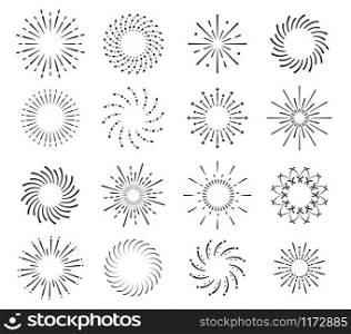 Starburst, firework shadow icons vector. Radiating from center of straight and spiral beams, lines. Set of simple elements for logo, signs.. Starburst, firework shadow icons vector. Radiating from center of straight and spiral beams, lines. Set of simple elements for logo