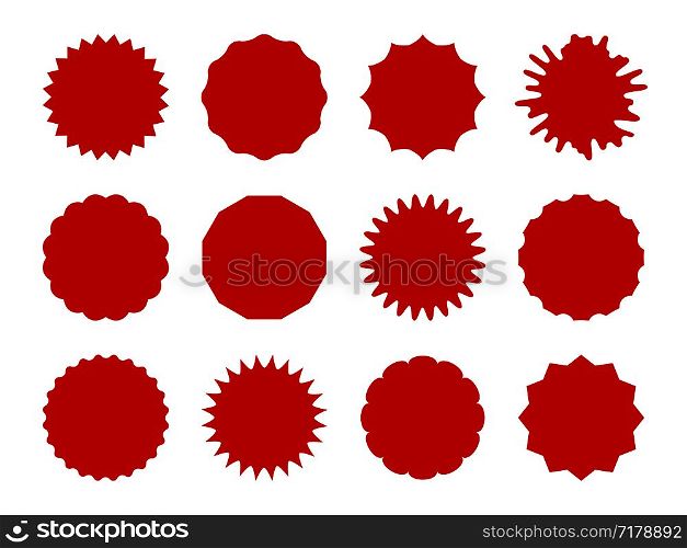 Starburst stickers. Star shaped sale banners, speech bubble stickers. Red explosion signs, promo price coupon tag vector isolated burst shapes and silhouettes for offering, simple pricetag set. Starburst stickers. Star shaped sale banners, speech bubble stickers. Red explosion signs, promo price coupon tag vector isolated set