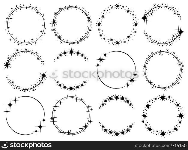 Stardust frames. Shiny star circle frame, starry glitter stamp and round magic twinkle stars trace. Shine stardust swirl, shining glowing halo for party decor. Isolated vector symbols set. Stardust frames. Shiny star circle frame, starry glitter stamp and round magic twinkle stars trace isolated vector set