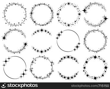 Stardust frames. Shiny star circle frame, starry glitter stamp and round magic twinkle stars trace. Shine stardust swirl, shining glowing halo for party decor. Isolated vector symbols set. Stardust frames. Shiny star circle frame, starry glitter stamp and round magic twinkle stars trace isolated vector set