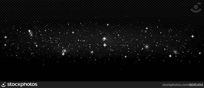 Stardust sparkles, glitter, star dust or twinkle with bokeh effect. Magic white blinks on black background. Shiny glittering glow, festive design, night sky or space, Realistic 3d vector illustration. Stardust sparkles, glitter, star dust or twinkle