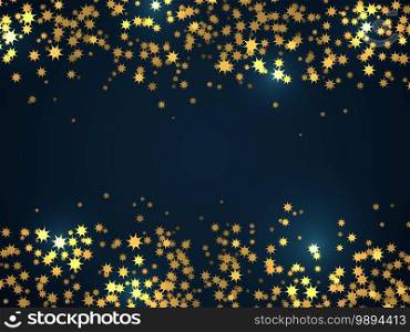 Stardust sparks confetti. Festive decoration glowing frame, shiny gold stars on black background, holidays party sparkly particles decor, christmas or new year glitters. Vector poster with copy space. Stardust sparks confetti. Festive decoration glowing frame, shiny gold stars on black background, holidays party sparkly particles decor, christmas or new year glitters. Vector poster