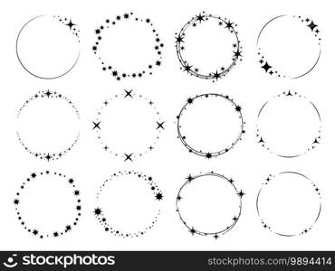 Stardust sparks frames. Silhouette stars circular patterns, magic holiday party decor, round glitter shiny effect particles with copy space, wedding or christmas templates flat vector isolated set. Stardust sparks frames. Silhouette stars circular patterns, magic holiday party decor, round glitter effect particles with copy space, wedding or christmas templates vector isolated set