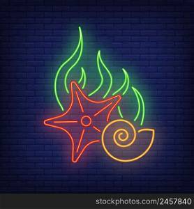 Starfish, algae and shell neon sign on brick wall background. Glowing banner or billboard elements. Vector illustration in neon style for topics like sea, underwater life, nature, diving