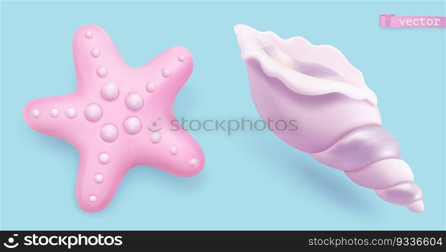 Starfish and seashell. 3d vector realistic icons