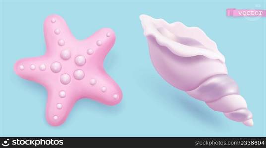 Starfish and seashell. 3d vector realistic icons