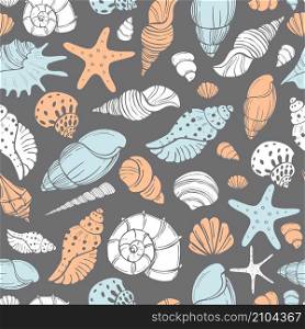 Starfish and seashells. Vector seamless pattern.