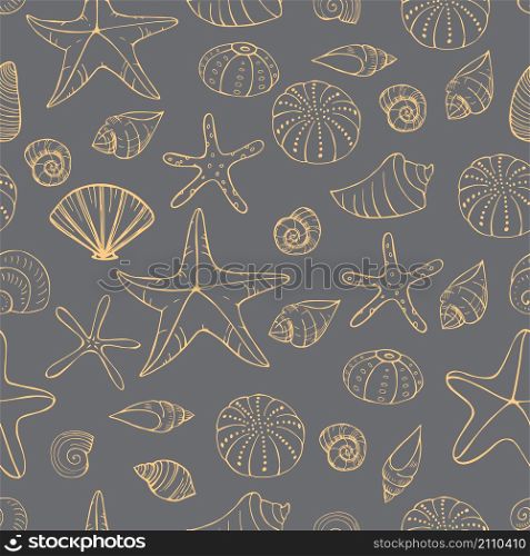 Starfish and seashells. Vector seamless pattern