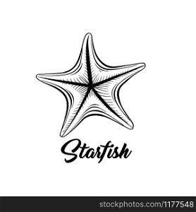 Starfish black and white vector illustration. Sealife saltwater creature freehand drawing. Marine fauna, oceanic invertebrate animal hand drawn engraving with calligraphy. Postcard design element. Starfish black ink vector illustration