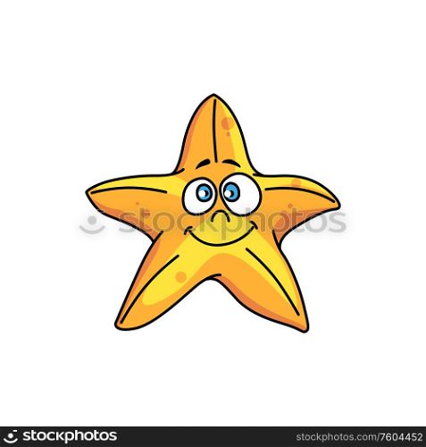 Starfish isolated cartoon marine creature. Vector smiling star fish, underwater seashell. Cartoon starfish isolated seashell marine creature