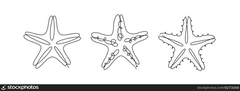 STARFISH LINE ART set. Vector starfish. Continuous Line Drawing Vector for print poster, card, sticker tattoo. Single line art. One Line Hand Drawn Illustration of Sea Star. Simple outline style. STARFISH LINE ART set. Vector sea star. Continuous Line Drawing Vector Illustration
