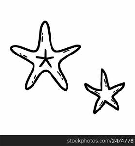 Starfish on white background. Vector icon with sea animals. Coloring book for kids. Doodle icon. Sketch illustration. Postcard decor element. Black sea star line.