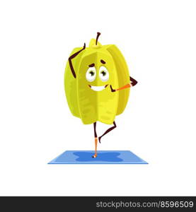 Starfruit isolated carambola star fruit doing fitness or pilates on yoga mat isolated cartoon emoticon. Vector smiling character, ripe dessert, star-apple. Healthy sportive golden-yellow juicy fruit. Carambola cartoon character fitness yoga pilates