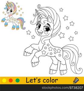 Starry cartoon cute unicorn. Kids coloring book page. Unicorn character. Black outline on white background. Vector isolated illustration with colorful template. For coloring, print, game, design. Starry cartoon cute unicorn kids coloring book page