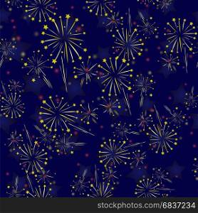 Starry Firework Seamless Pattern on Blue Background. Starry Firework Seamless Pattern