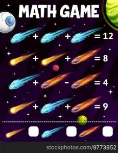 Starry galaxy galaxy space with asteroids and comets, math game worksheet. Cartoon vector educational quiz teaser, puzzle for counting and mathematics skills development. Numeracy riddle for kids. Starry galaxy galaxy space with asteroids game
