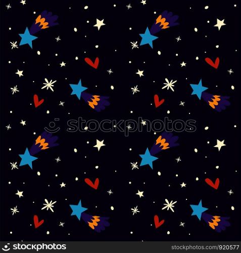 Starry night at winter sky merry Christmas holiday New Years eve vector shooting start in evening blizzard and snowing weather stardust celestial bodies sparkling snowflakes snowfall clipart.. Starry night at winter sky merry Christmas holiday New Years eve vector