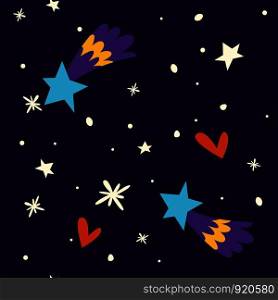 Starry night at winter sky merry Christmas holiday New Years eve vector shooting start in evening blizzard and snowing weather stardust celestial bodies sparkling snowflakes snowfall clipart.. Starry night at winter sky Christmas holiday New Years eve