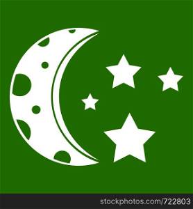 Starry night icon white isolated on green background. Vector illustration. Starry night icon green