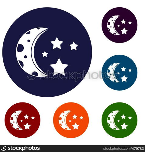 Starry night icons set in flat circle red, blue and green color for web. Starry night icons set
