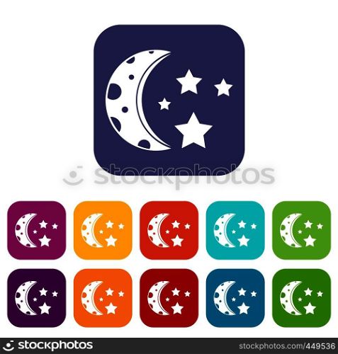 Starry night icons set vector illustration in flat style In colors red, blue, green and other. Starry night icons set flat